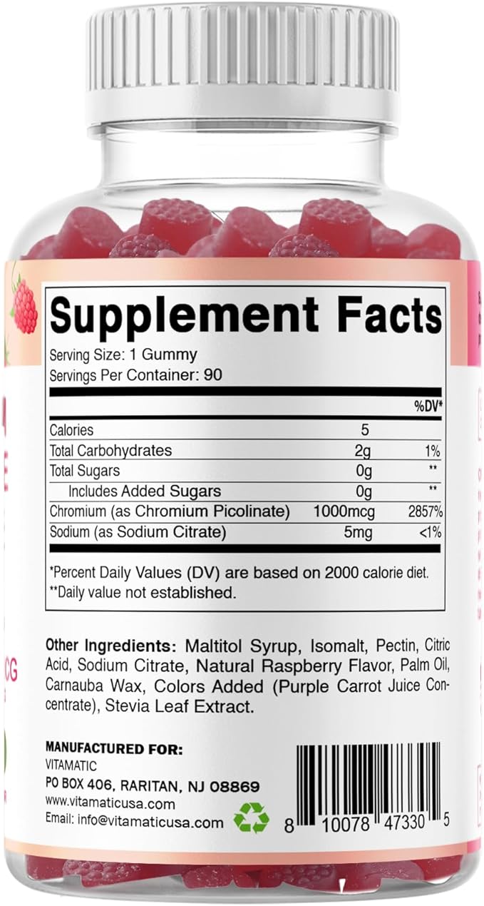 Vitamatic Chromium Picolinate 1000 mcg - 90 Gummies - High Potency Chromium - Raspberry Flavor