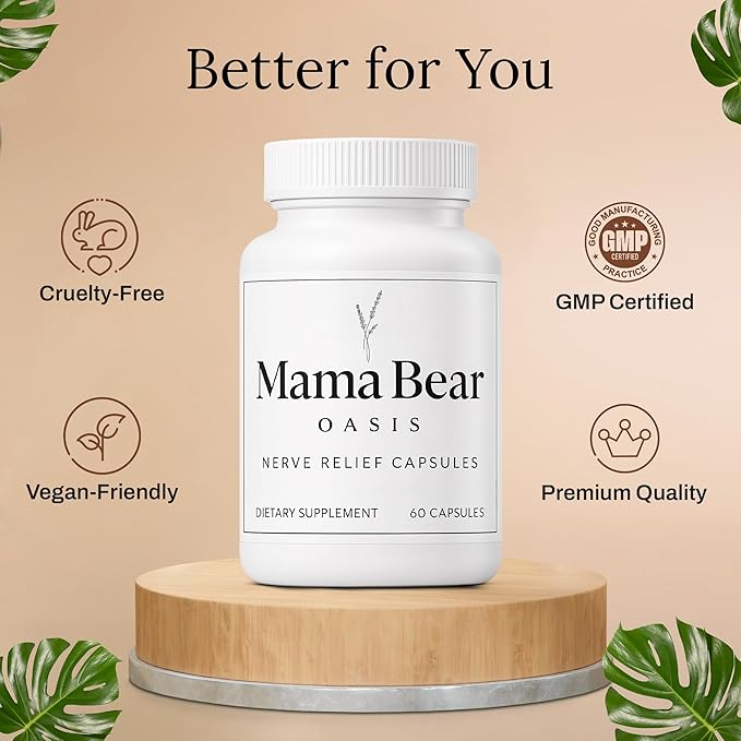 Mama Bear Oasis Nerve Support Capsules for Neuropathy - Advanced Nerve Vitamins & Repair Formula - Mobility Boost & Calm Blend - Regeneration Health Supplements - Neuropathy & Recovery Capsules 60 Ct