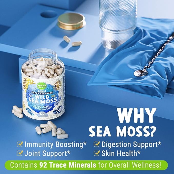 MAJU Wild Irish Sea Moss Capsules (120ct), Stronger Than Gel, 4-in-1 w/Bladderwrack + Burdock Root, Organic, Sebi Inspired, Raw, Seamoss Pills Powder, Wild (3-Pack)