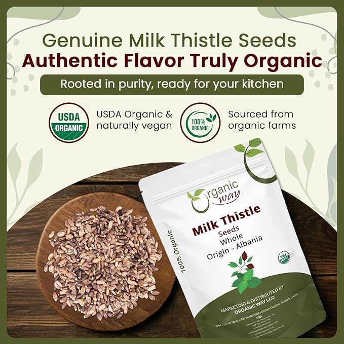 Organic Way Whole Milk Thistle Seeds (Silybum marianum) - Herbal Tea | European Wild-Harvest, Organic & Kosher Certified, Vegan, Non GMO & Gluten Free, USDA Certified, Origin - Albania (4 Oz)