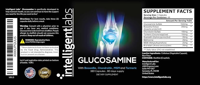 Intelligent Labs Glucosamine and Chondroitin High Strength Complex with MSM | 180 Capsules | Immune System Support | with Turmeric, Boswellia, and Quercetin Joint Care Supplements