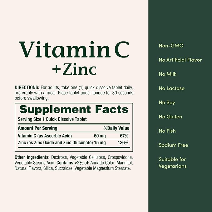 Nature's Bounty Vitamin C + Zinc, Vitamin Supplement, Supports Immune Health, 60 mg, 60 Tablets