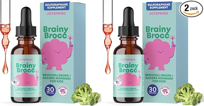 JoySpring Broccoli Supplement for Kids | Sulforaphane & Bacopa Monnieri Drops | Supports Cognitive Function | Vegan & Kid-Friendly (Pack of 2)