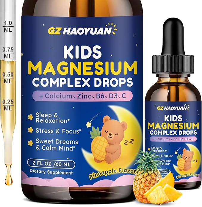 Magnesium Complex Liquid for Kids - Magnesium Glycinate, Malate, Taurate, Citrate with Calcium, Omega-3, L-theanine, Zinc,Vitamin B6 D3 C for Sleep, Relaxation, Calm & Focus, Pineapple Flavor, 2 Fl Oz