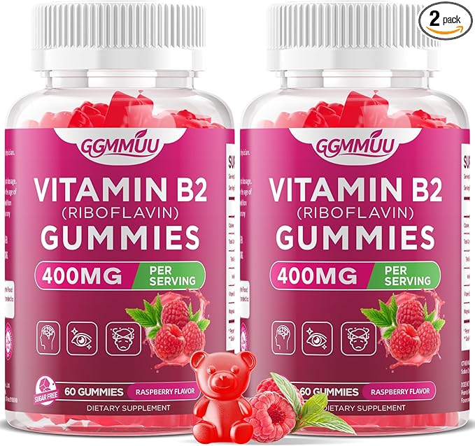 2 Pack Vitamin B2 Gummies Riboflavin 400mg Supplement with Magnesium for Kids & Adults B2 Gummies for Nervous System Support & Skin Health, Raspberry Flavor, 120 Count