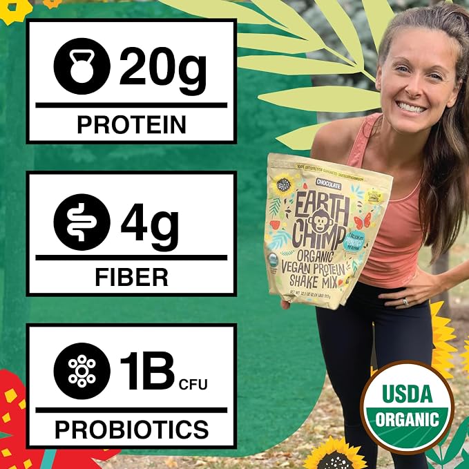EarthChimp Organic Vegan Protein Powder - with Probiotics - Non GMO, Dairy Free, Non Whey, Plant Based Protein Powder for Women and Men, Gluten Free - 26 Servings 32 Oz (Chocolate) No Scoop