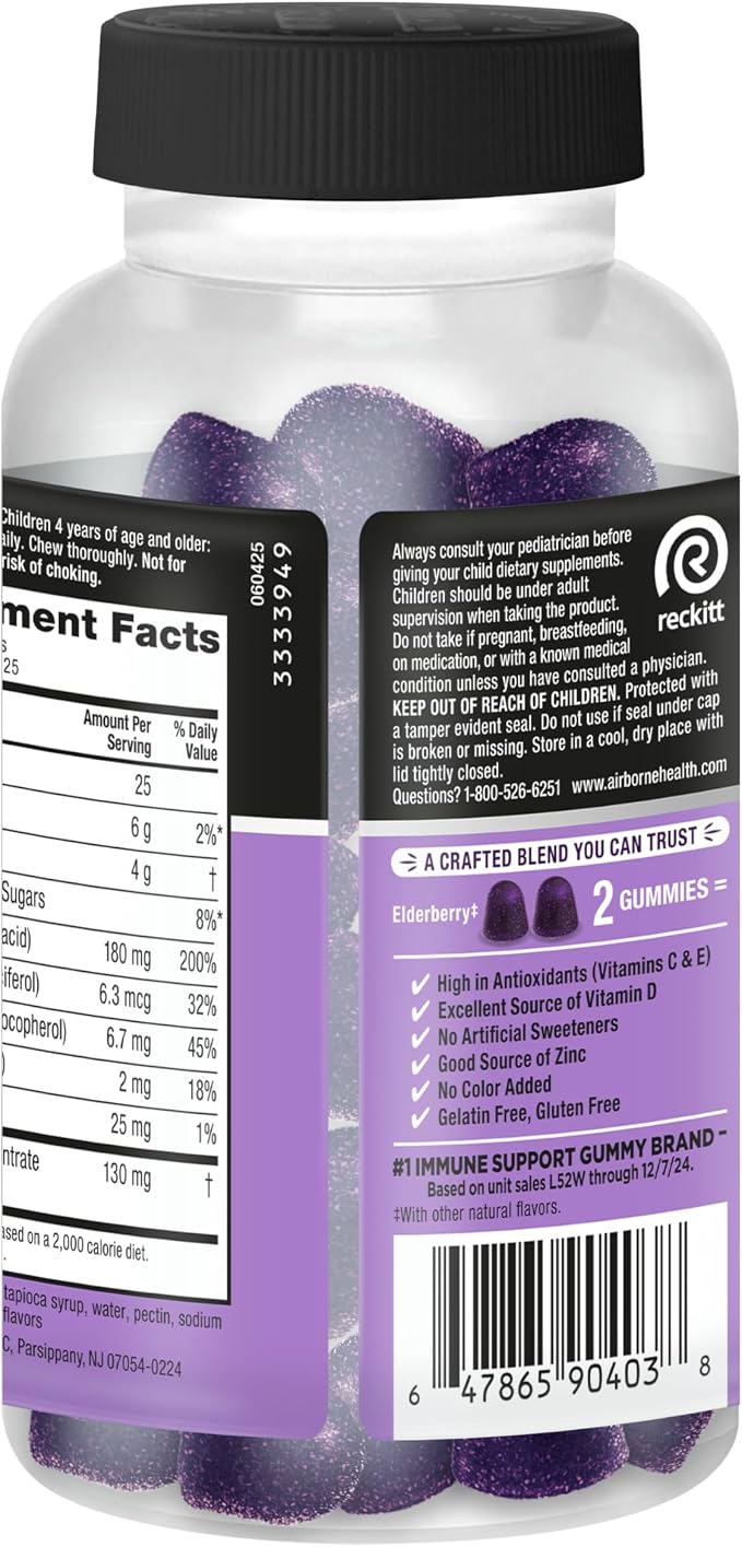 Airborne Elderberry + Zinc & Vitamin C Gummies For Adults, Immune Support Vitamin D & Zinc Gummies With Powerful Antioxidant Vitamins C D & E - 50 Gummies, Elderberry Flavor