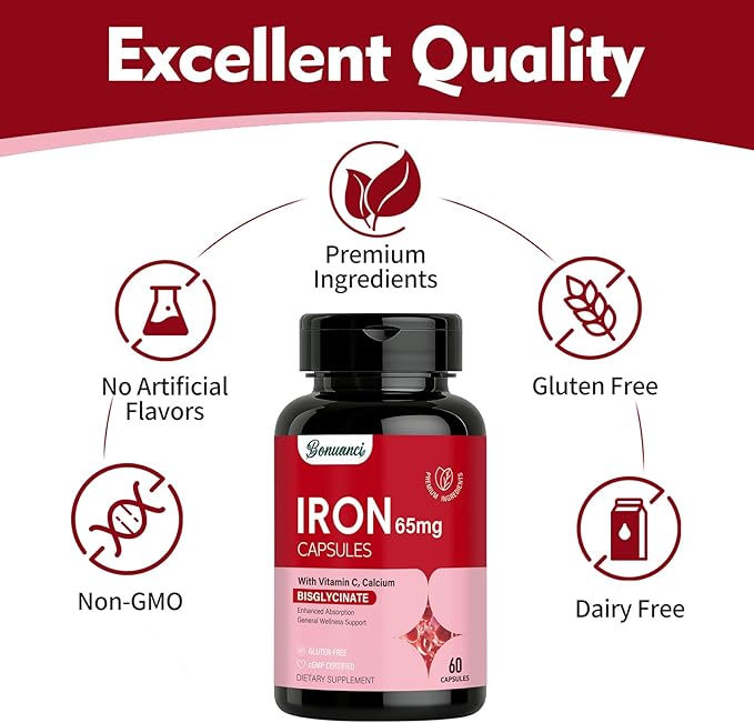 Iron Supplement - Iron 65mg High Absorption Iron Bisglycinate with Vitamin C, Calcium, Gentle Iron Pills for Women Men - Non GMO & Gluten Free, Stomach Friendly, 60 Capsules