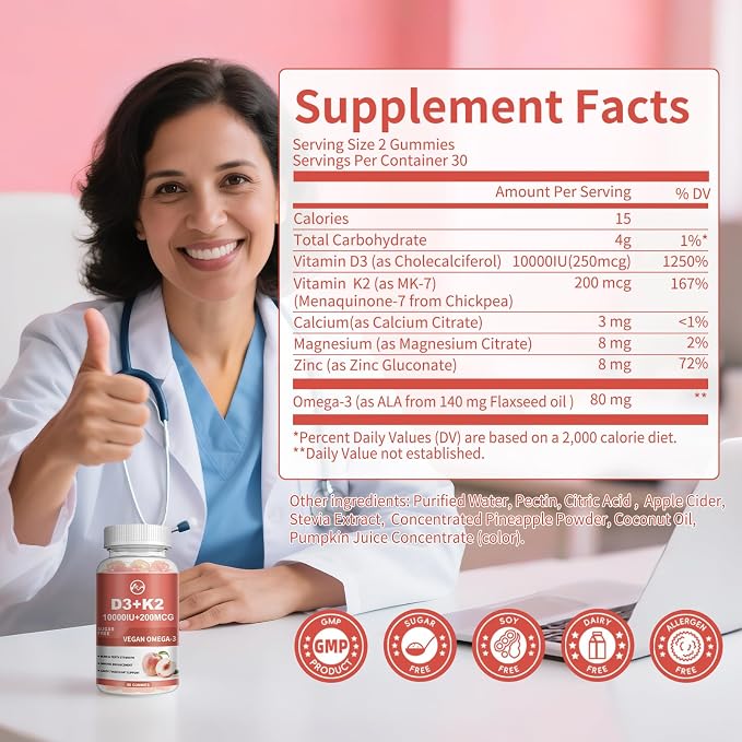 M inch Vitamin D3 K2 Gummies, Vitamin D3 10000IU, K2 (MK-7) 200mcg, 6-in-1 Vitamina D3 Con K2 Supplement with Omega-3, Magnesium and Calcium for Bones, Teeth & Immune Support, Sugar Free, 2 Packs