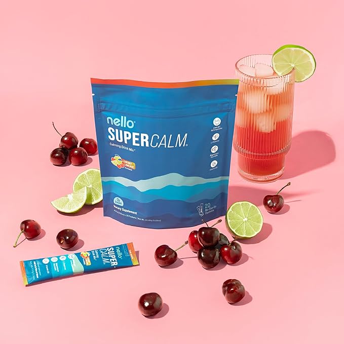 Nello Supercalm Powdered Drink Mix, Cortisol Reducer* and Sleep Aid Supplement, L Theanine, Ksm-66 Ashwagandha, Magnesium Glycinate, Vitamin D 3, No Sugar, Non GMO, On The Go, 20 Ct, Cherry Limeade
