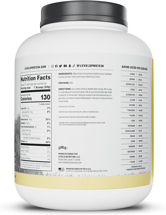 Levels Grass Fed Whey Protein Powder, No Artificials, 24G of Protein, Vanilla Bean, 5LB | 24G of protein and 5.4G BCAAs per scoop, made with hormone-free dairy, zero junk, no fillers, no added sugar, certified clean