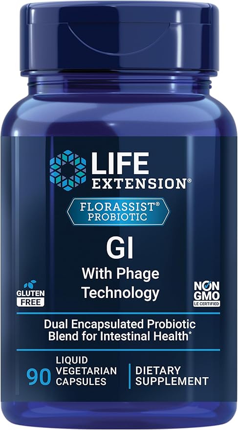 Life Extension FLORASSIST GI with Phage Technology, Digestive Health, probiotic Support, Nutrient Absorption, 7 probiotic strains, bacteriophage Blend, 90 Liquid Vegetarian Capsules