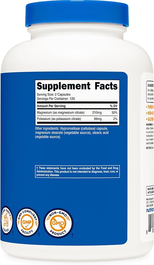 Nutricost Potassium (99 mg) Magnesium (210 mg) Citrates, 240 Capsules - Non-GMO, Gluten Free