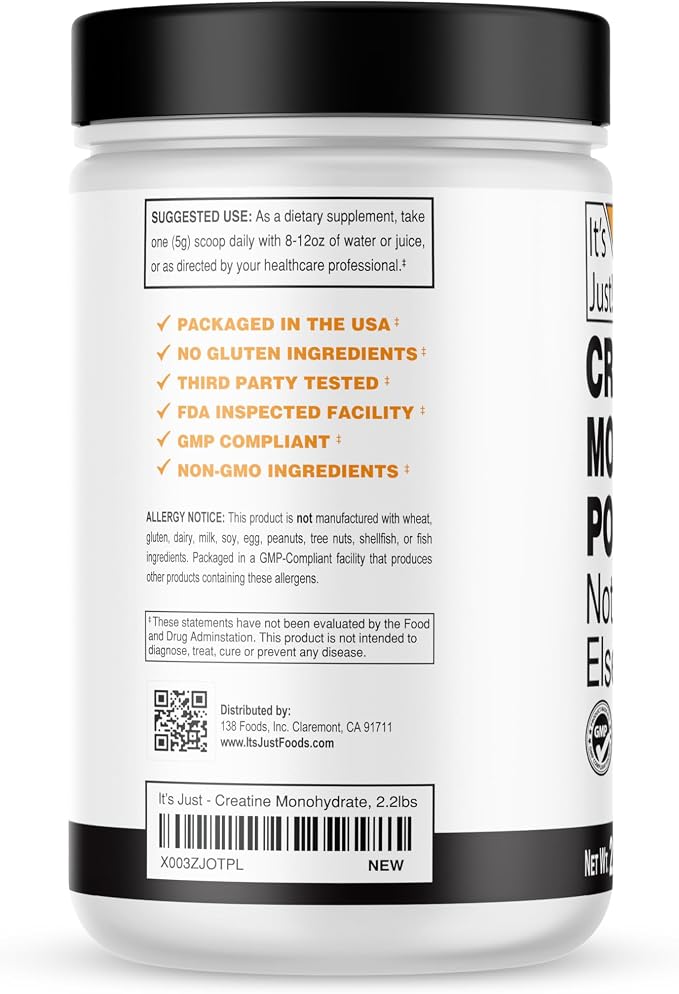It's Just! - Creatine Monohydrate Powder, Pure Creatine Powder, Made in USA, 3rd Party Lab Tested, 5g Per Serving, Scoop Included, No Fillers, No Added Flavor (Unflavored, 1000g / 200 Servings)
