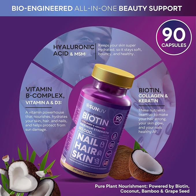 SUNUV Biotin 10,000mcg | Collagen | Keratin | Hyaluronic Acid - 80,000mcg Hair Growth Vitamins for Hair Skin & Nails Support - Women & Men - Vitamins B1,B2,B3,B5,B6,B9,B12 -Made in USA-90 Capsules