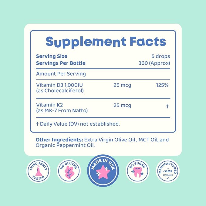 JoySpring Vitamin D3 Kids Drops with K2 – Liquid Supplement for Calcium Absorption & Joint Health – 360 Servings (2 fl oz) – Vitamin D Kids Ages 3-18 (Pack of 2)