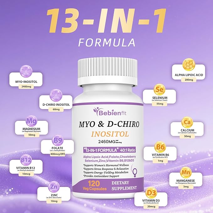13-in-1 Myo Inositol & D-Chiro Inositol for Women,2460mg-40:1 Ratio Supplement Plus Alpha Lipoic Acid/Folate/Vitex/Magnesium,240 Vegan Capsules