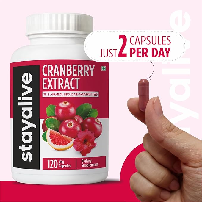 STAY ALIVE Cranberry Pills for Women and Men 1000mg with D-mannose, Hibiscus and Grapefruit Seed Extract, 120 Count, D-mannose Cranberry Supplement, Vegan, Non-GMO & Gluten-Free Powder Capsules