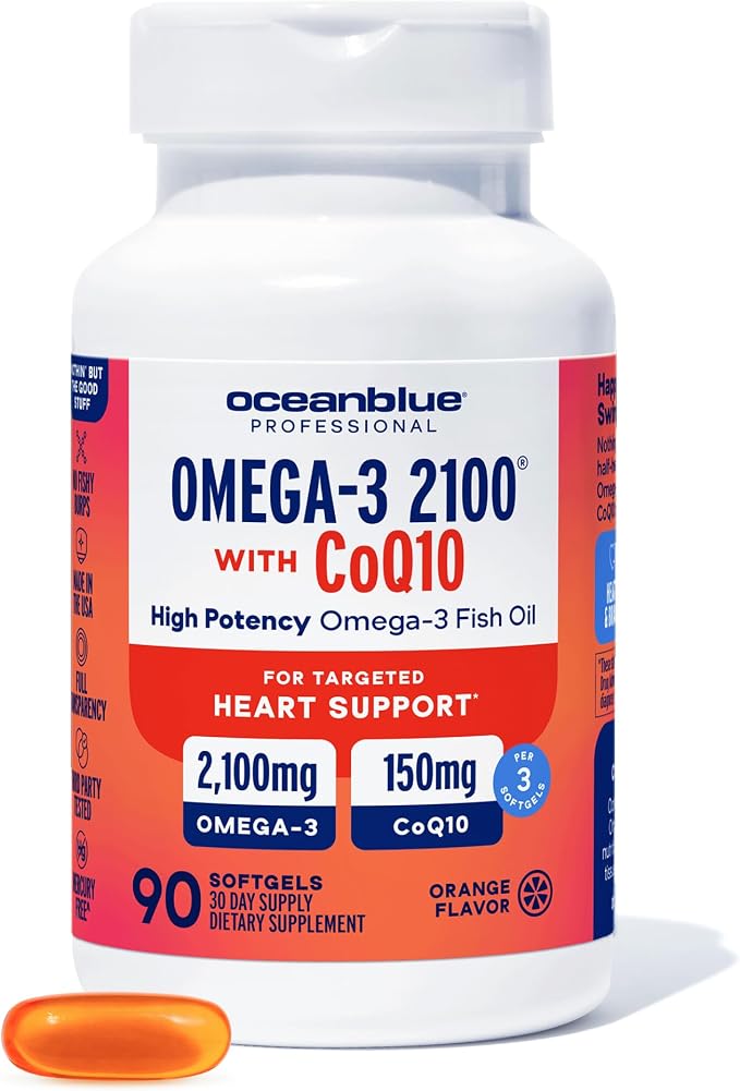 Oceanblue Omega 3 2100 with CoQ10 | Triple Strength Fish Oil Combo Supplement | 1350MG EPA 650MG DHA 150MG DPA with 150MG CoQ10 | Orange Flavor | Heart Support | 90 Softgels