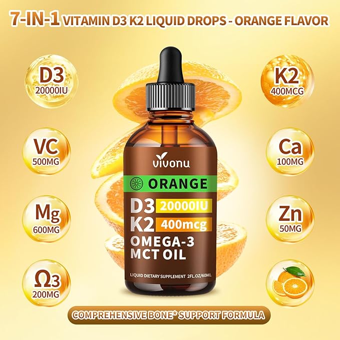 Vitamin D3 K2 Drops, D3 20000 IU & K2 as MK-7 400mcg with Magnesium, Calcium, Zinc & Omega 3 for Immune*, Mood*, Bone* Health, Orange Flavor Vitamin D Liquid Drops Supplement(1 Bottle)