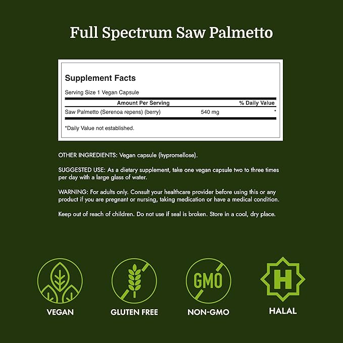 Swanson Saw Palmetto Full Spectrum Herbal Supplement for Men Seeking Prostate, Hair, and Urinary Health Support - 540 mg (250 Vegan Capsules)