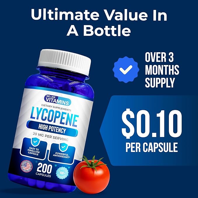 We Like Vitamins Lycopene Supplements for Men - Lycopene 20mg Per Serving - 200 Capsules - Super Antioxidant which Helps Support Immune System and Prostate Health