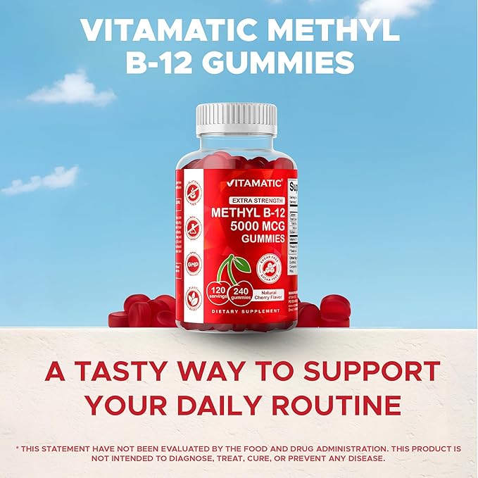 Vitamatic Extra Strength Vitamin B12 5000 mcg (Methyl B12) Gummies - 240 Count, Natural Cherry Flavored