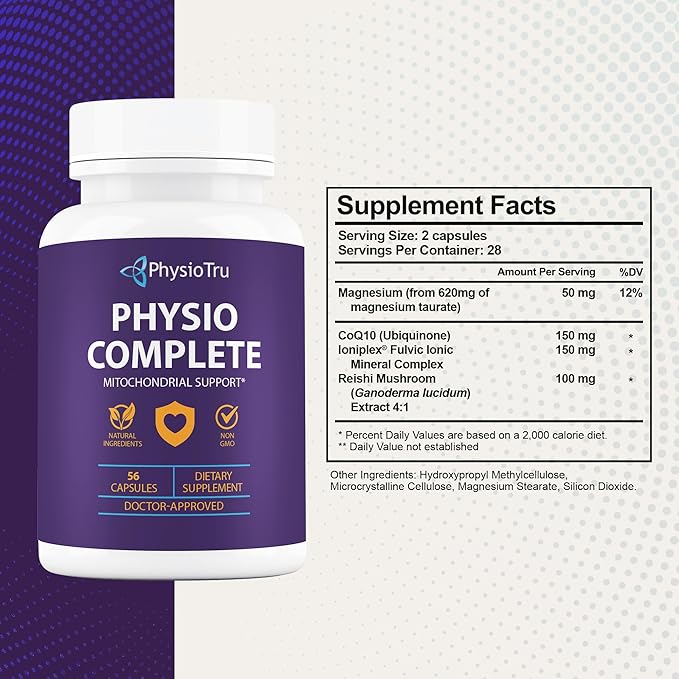 PhysioTru Physio Complete CoQ10 Supplement - Superior Nutrient Absorption, Antioxidant & Energy Support - Coenzyme Q10 Ubiquinone with Fulvic Acid, Magnesium Taurate & Reishi Extract - 1 Pack