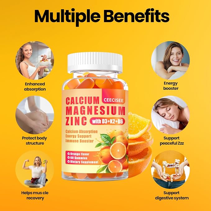 Calcium Magnesium Zinc Gummies with D3 &B6 &K2,1000mg Calcium Gummies with 300mg Magnesium Support Immune Energy for Adults and Teens,Sugar Free(120Count)