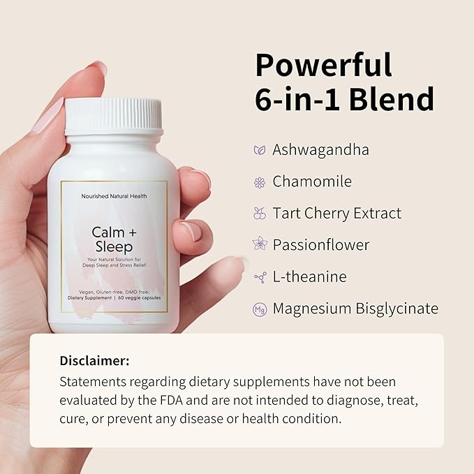 Nourished Natural Health Calm + Sleep – Relaxation & Melatonin-Free Sleep Supplement for Women, Cortisol Support with Ashwagandha, L-Theanine, Magnesium & Valerian Root – Vegan & Non-GMO – 60 Capsules