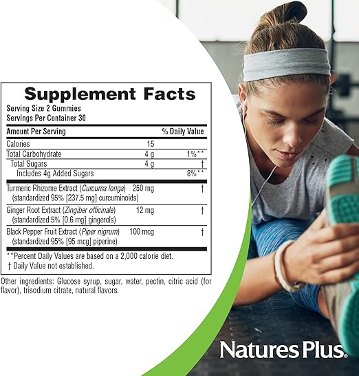 NaturesPlus Gummies Turmeric Curcumin - 60 Gummies, Peach - Supports Joint, Digestive & Cardiovascular Health - Vegan, Gluten Free, Non-GMO - 30 Servings