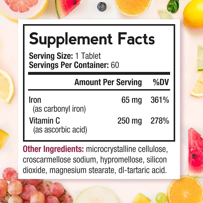 Doctor's Recipes Iron Supplement 65 mg with Vitamin C - Maximized Absorption & Stomach Friendly Iron Pills for Red Blood Cells Formation, Heart, Brain & Immunity Health - Vegan 120 Iron Tabs (2 Pack)