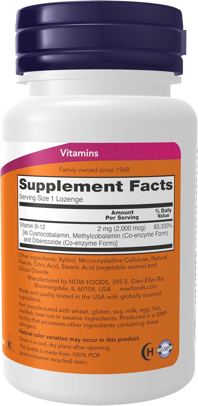 NOW Foods Supplements, B-12 2,000 mcg, Energy Production*, Nervous System Health*, 100 Lozenges