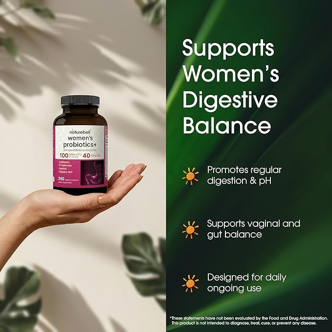 NatureBell Women's Probiotics+ - 240 Vegetarian Capsules - Prebiotic, Probiotic, Postbiotic & Digestive Enzymes - Made with Cranberry, D-Mannose, Inositol & More