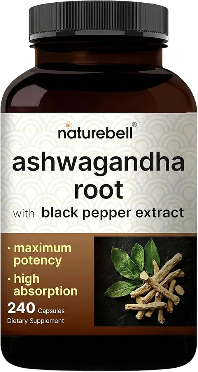 NatureBell Ashwagandha Root with Black Pepper Extract - 240 Capsules - High Strength Adaptogen for Calmness, Relaxation & Immune Support*