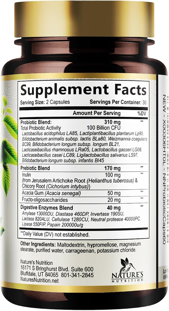 Probiotics 100 Billion CFU per Serving - 10 Strains & Prebiotics - Digestive Health, Gut & Immune Support - Supports Occasional Constipation, Gas & Bloating - Shelf Stable Bottled USA - 60 Capsules