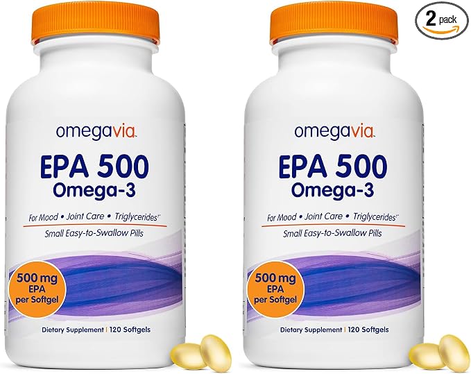 OmegaVia EPA 500, Purified Omega-3 Fish Oil Supplement, 500 mg EPA in Triglyceride Form, Burpless Fish Oil, Non-GMO, Gluten-Free, IFOS 5-Star, 120 Softgels (Pack of 2)