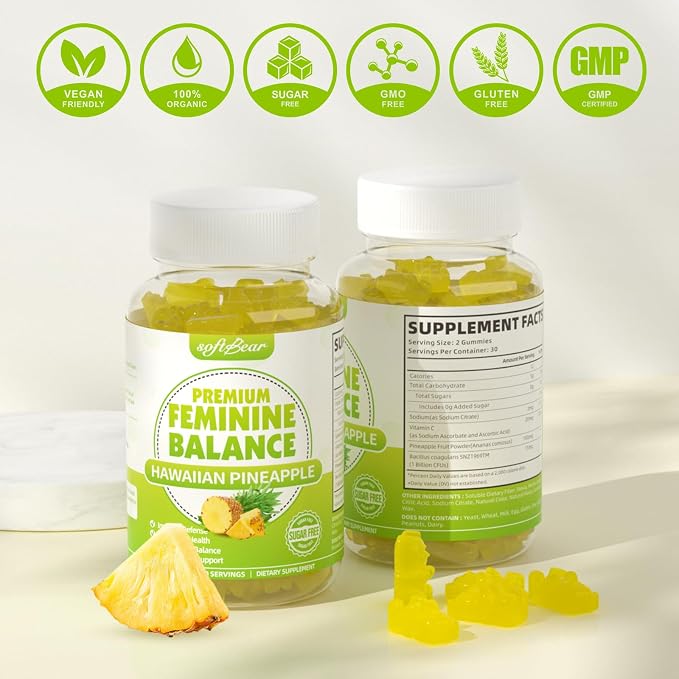 softbear Premium Feminine Balance Gummies for Women, Pineapple PH Balance Gummies for Women's Healthy Odor, Flora, Vaginal, Immune Support, Vegan, Gluten-Free, 60 Gummies