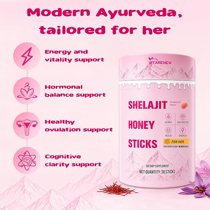 Shilajit Honey Sticks for Women with Shatavari & Saffron | High-Potency Fulvic Acid 75%+ & 85+ Trace Minerals | Supports Hormone Balance, Daily Energy, Mental Clarity & Physical Stamina | Delicious Strawberry, 30 Sticks
