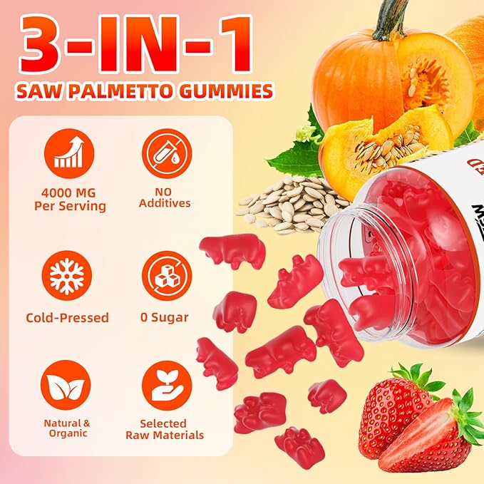 Pumpkin Seed Oil Gummies with Saw Palmetto, Organic Pumpkin Seed Oil Supplement for Hair Growth & Skin Health, Prostate Health, High Pure Extract for Women Men, Strawberry Flavor, 60 Count