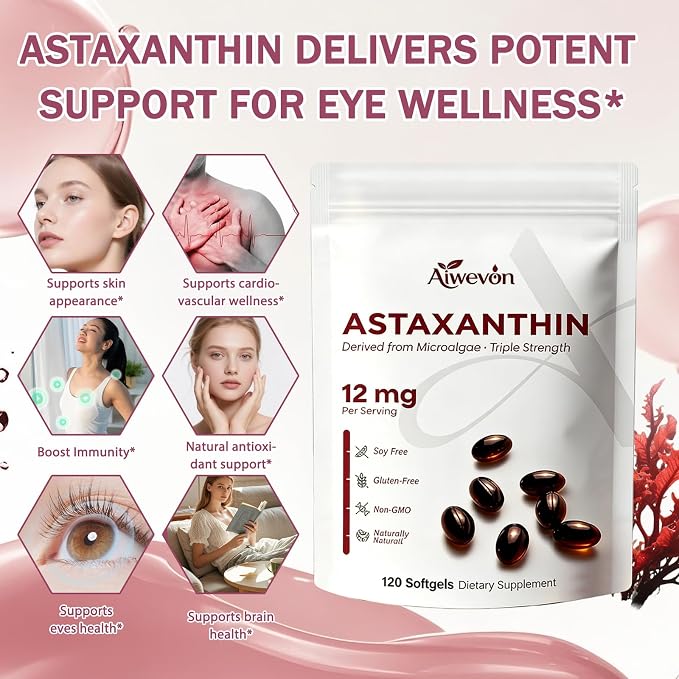 Astaxanthin Supplement 12mg Softgels, Natural Astaxanthin from Microalgae with MCT Oil for Absorption, Powerful Antioxidant Support for Skin Eye Heart Joint Health, Non-GMO Gluten Free, 120 Softgels