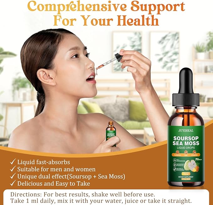 7-in-1 Soursop Graviola with Sea Moss Liquid Drops, Soursop Bitters Liquid Rich in Multivitamin for Digestive Antioxidant, Immune Boost, Cell Support & Regeneration, 2 Fl Oz Pineapple Flavor