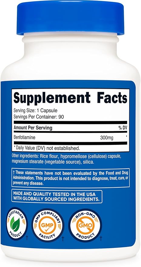 Nutricost Benfotiamine 300mg, 90 Capsules - Gluten Free, Non-GMO, and Vegetarian Friendly Fat Soluble Vitamin B1