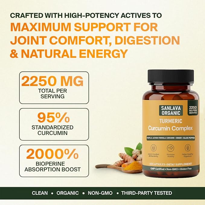 Turmeric 3 in 1 Complex with Curcumin, Ginger &Black Pepper Extract | 2250mg per Serving | 60 Capsules