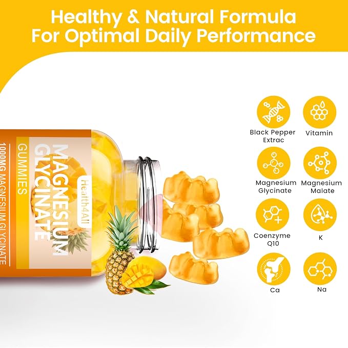Magnesium Glycinate Gummies 1000mg, High Absorption Sugar Free Magnesium Potassium Supplement for Relaxation, Stress Relief, and Sleep Support for Adults & Kids - 180 Mango Pineapple Gummies