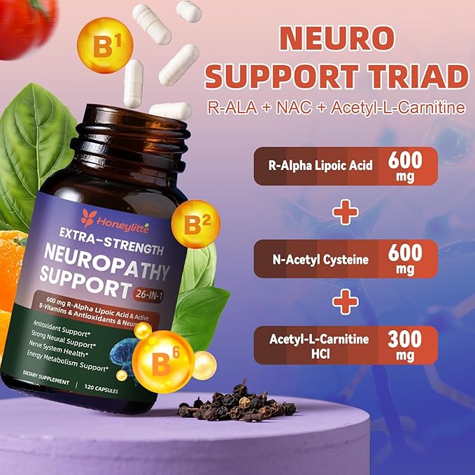 Alpha Lipoic Acid Neuropathy Supplements - with 600mg R-Alpha Lipoic Acid, NAC, ALC, Active Vitamin B12 B1 B2 B6 - for Nerve Heath & Mental Support (120 Count * Pack of 2)