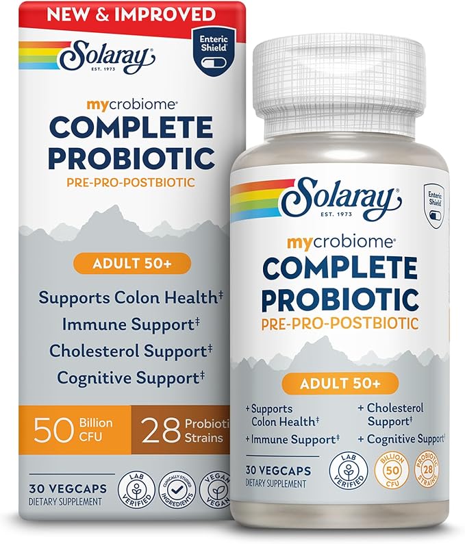 SOLARAY Mycrobiome Complete Probiotic Adult 50 Plus - Pre and Probiotics for Women and Men Plus Postbiotic - 50 Billion CFU, 28 Strains - Vegan - 30 Servings, 30 VegCaps
