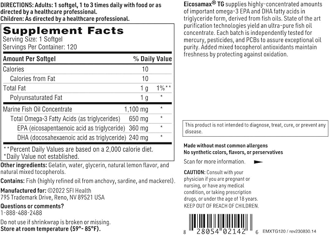 Klaire Labs SFI Health Eicosamax TG Fish Oil Pills with EPA/DHA - Omega-3 Fatty Acids to Support Brain & Heart Function - Natural Lemon Flavor to Help Reduce Fishy Burps or Aftertaste (120 Softgels)