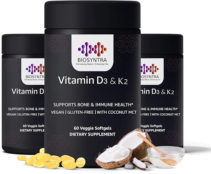Vitamin D3+K2 with Coconut Oil - Vegan Vitamin D 5,000 IU & MK7 Vitamin K 110mcg for Bone, Heart & Immune Support, Non-GMO, Third Party Tested, Soy Free, High Absorption 60 Veggie Softgels