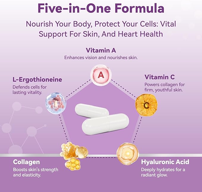Inner Brightness L-Ergothioneine Supplements with Hyaluronic Acid & Collagen for Women, Non-GMO, Gluten Free, Vegan, Promotes Longevity & Healthy Aging, 60 Capsules